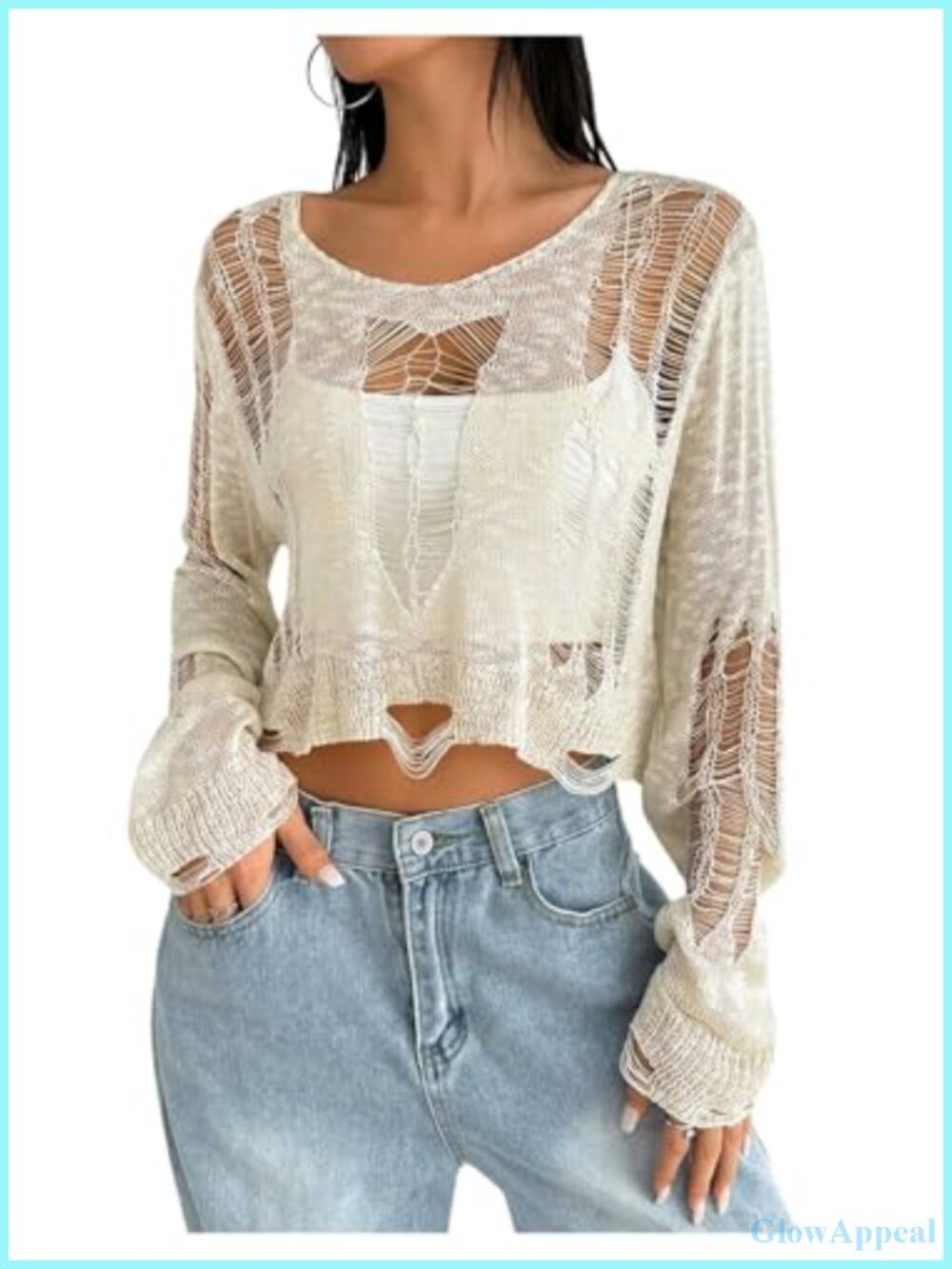 Sheer Ripped Distressed Crop Pullover Long Sleeve Sweater